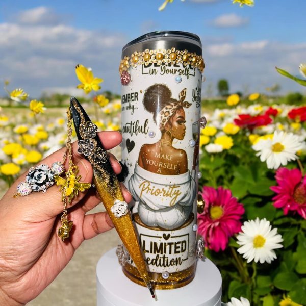 Self Affirmation/ Self love bundle set (20 oz Stainless steel snowglobe tumbler plus fancy pen)