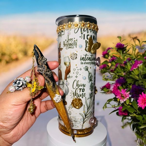 Self Affirmation/ Self love bundle set (20 oz Stainless steel snowglobe tumbler plus fancy pen) - Image 2