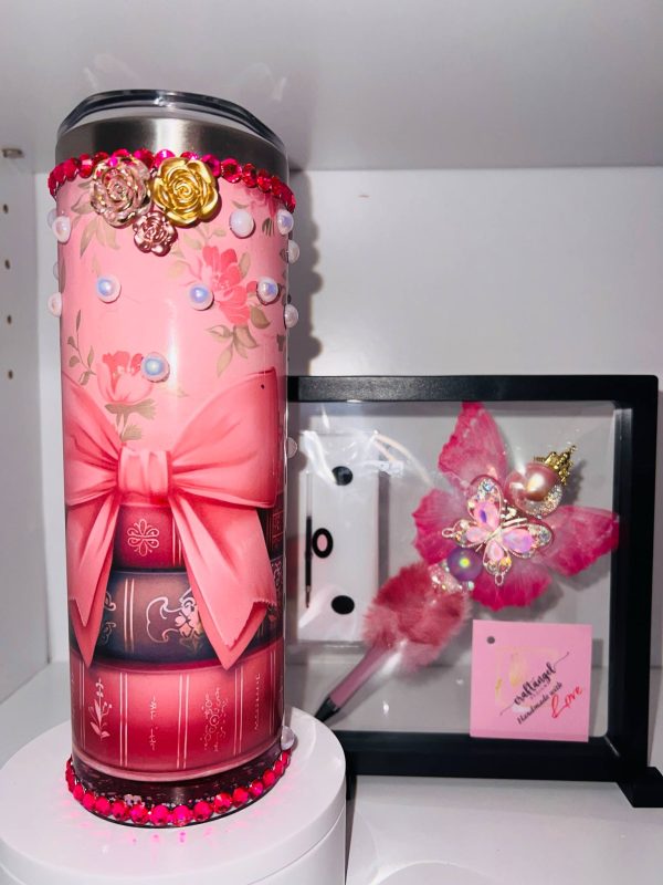 Pink Book lover bundle set (20 oz Stainless steel snowglobe tumbler plus fancy pen)